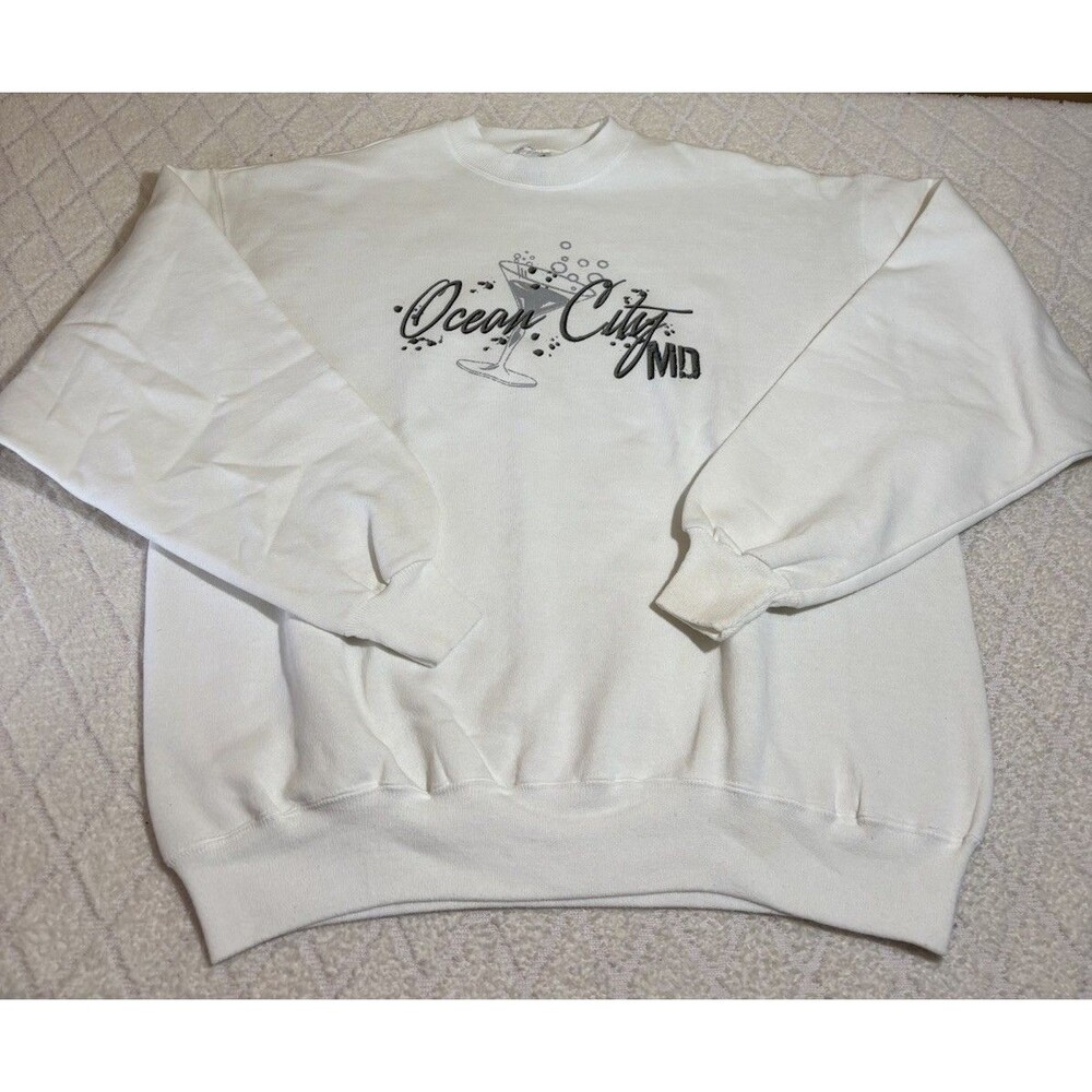 Vintage 90s Y2K Ocean City Maryland Martini Glass Graphic White Sweatshirt 2XL